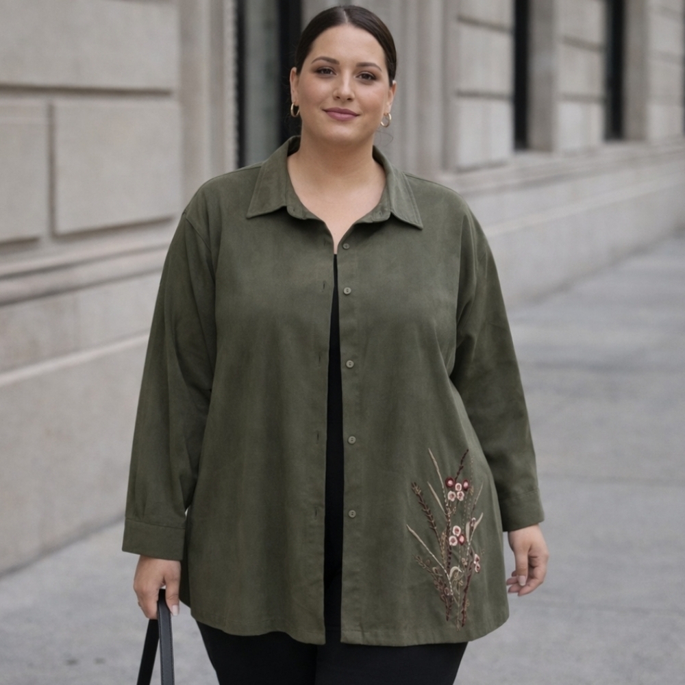 Penningtons Plus Size Olive Faux Suede Embroidered Button-Front Jacket |